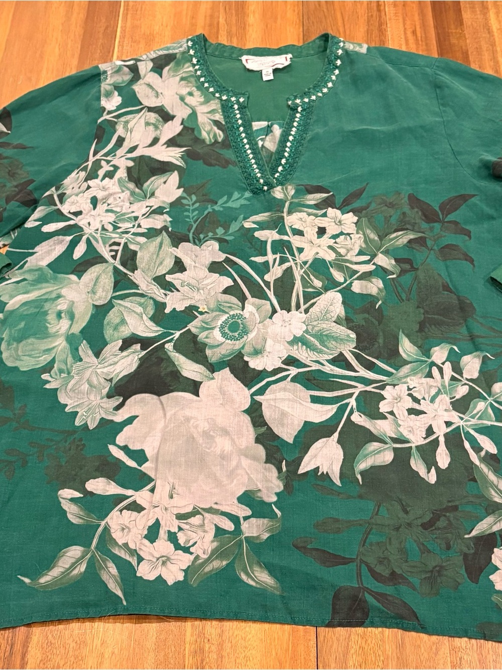 Johnny Was Green Floral Embroidered Tunic Blouse XL Boho Long Sleeve
